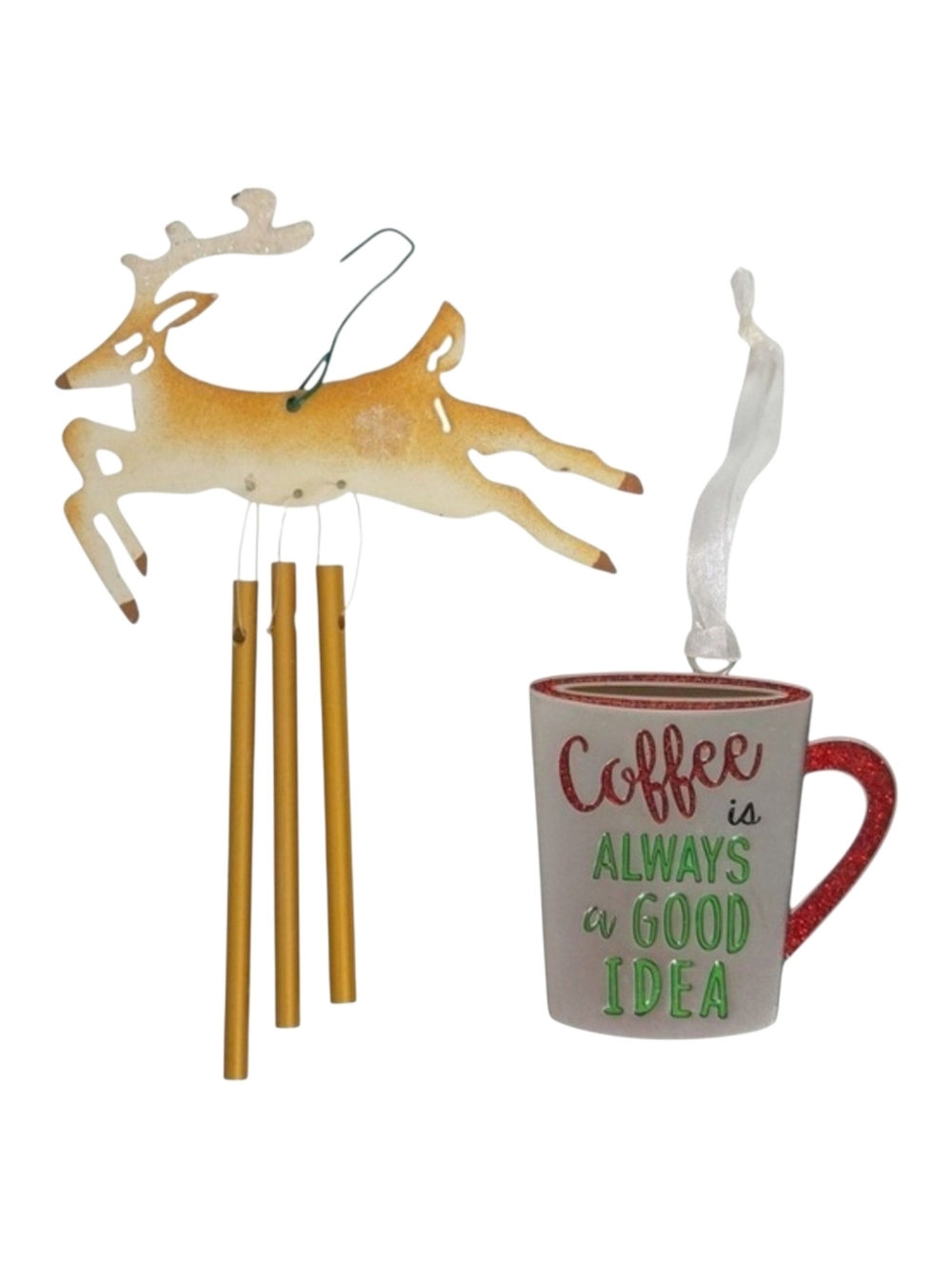 Silver Coffee Cup & Gold Reindeer Wind Chime Christmas Ornaments (Set of 2)